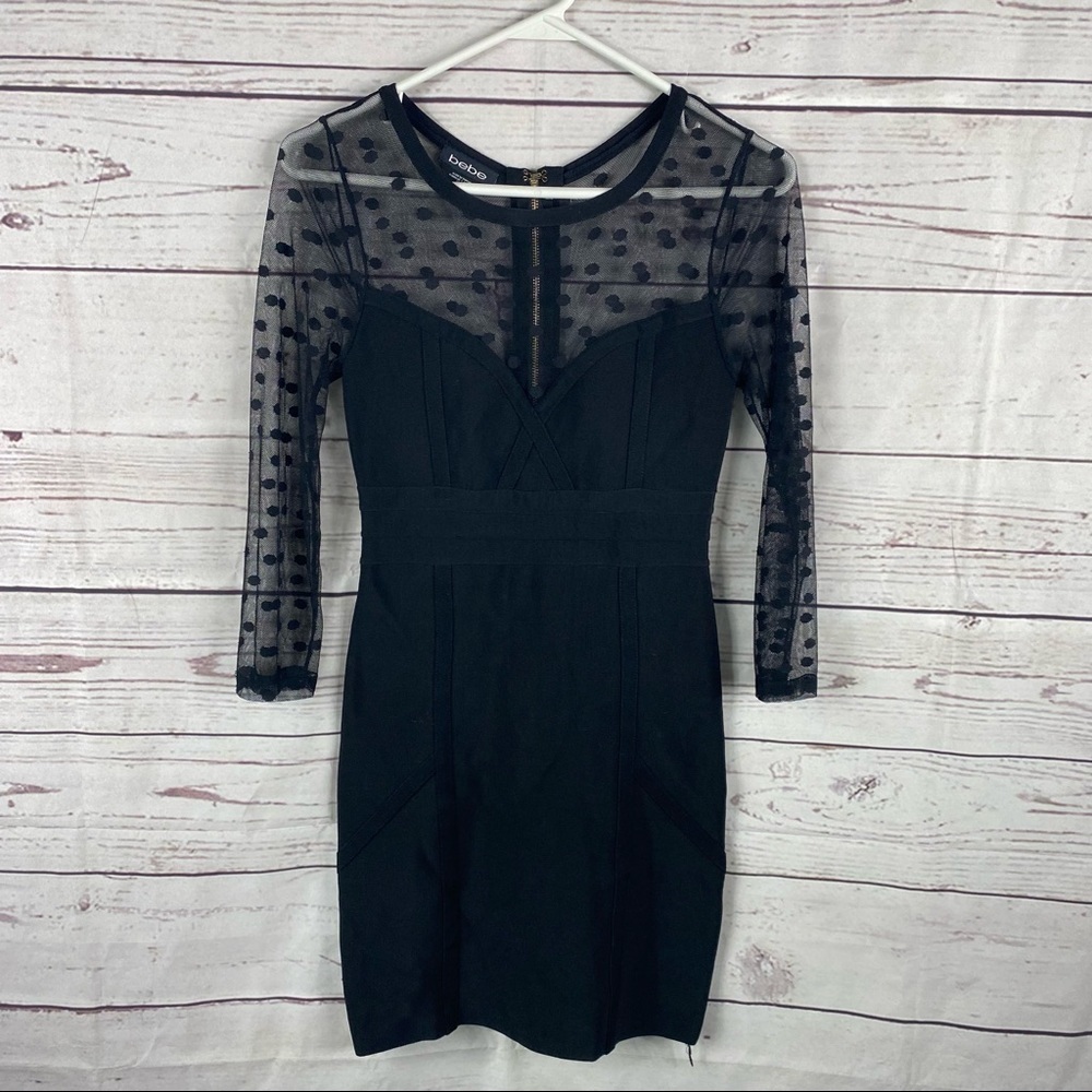 BEBE black bandage long lace polka dot sleeve mini dress Sz XS
